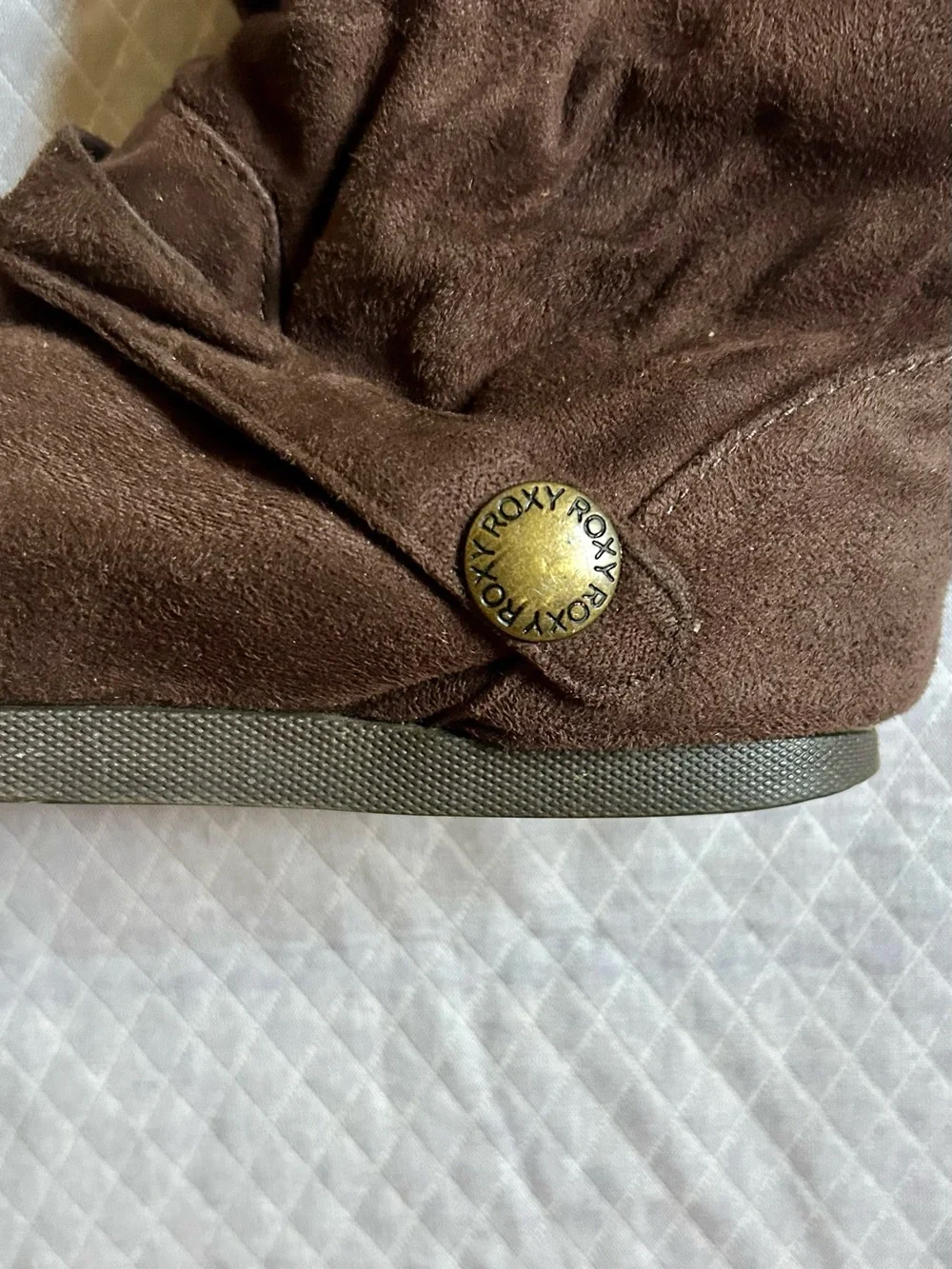 ROXY Chocolate Brown MicroSuede Slouch Ankle Boots Button Strap Logo Accents 6.5